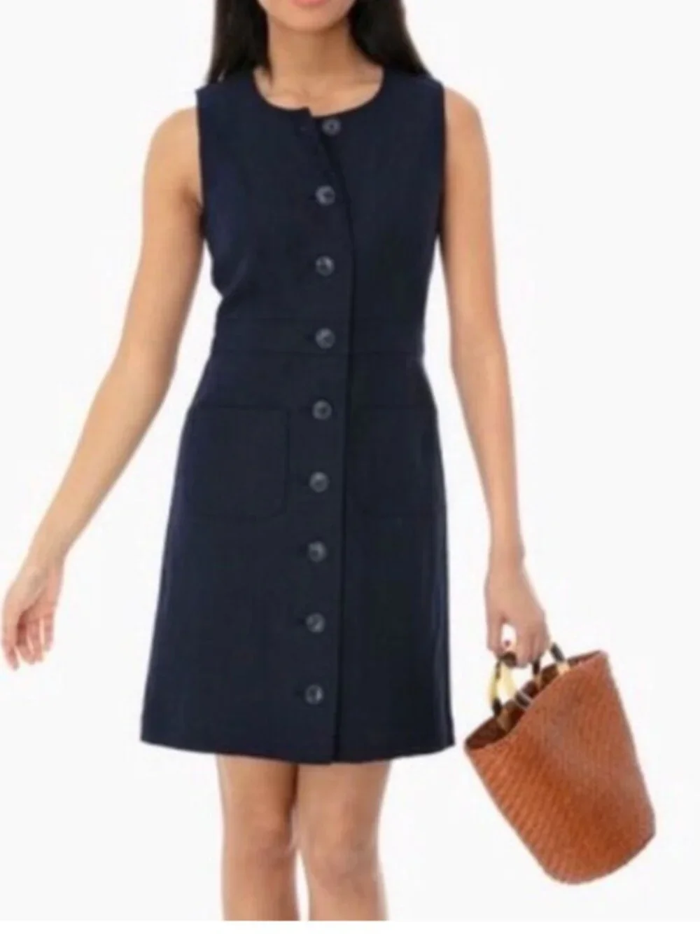 Tory Burch Navy Blue Button Front Linen Shift Dress size 6